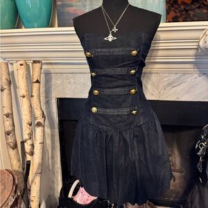 Elegant Denim Strapless bubble hem Dress with Gold Accents ptp 14-16